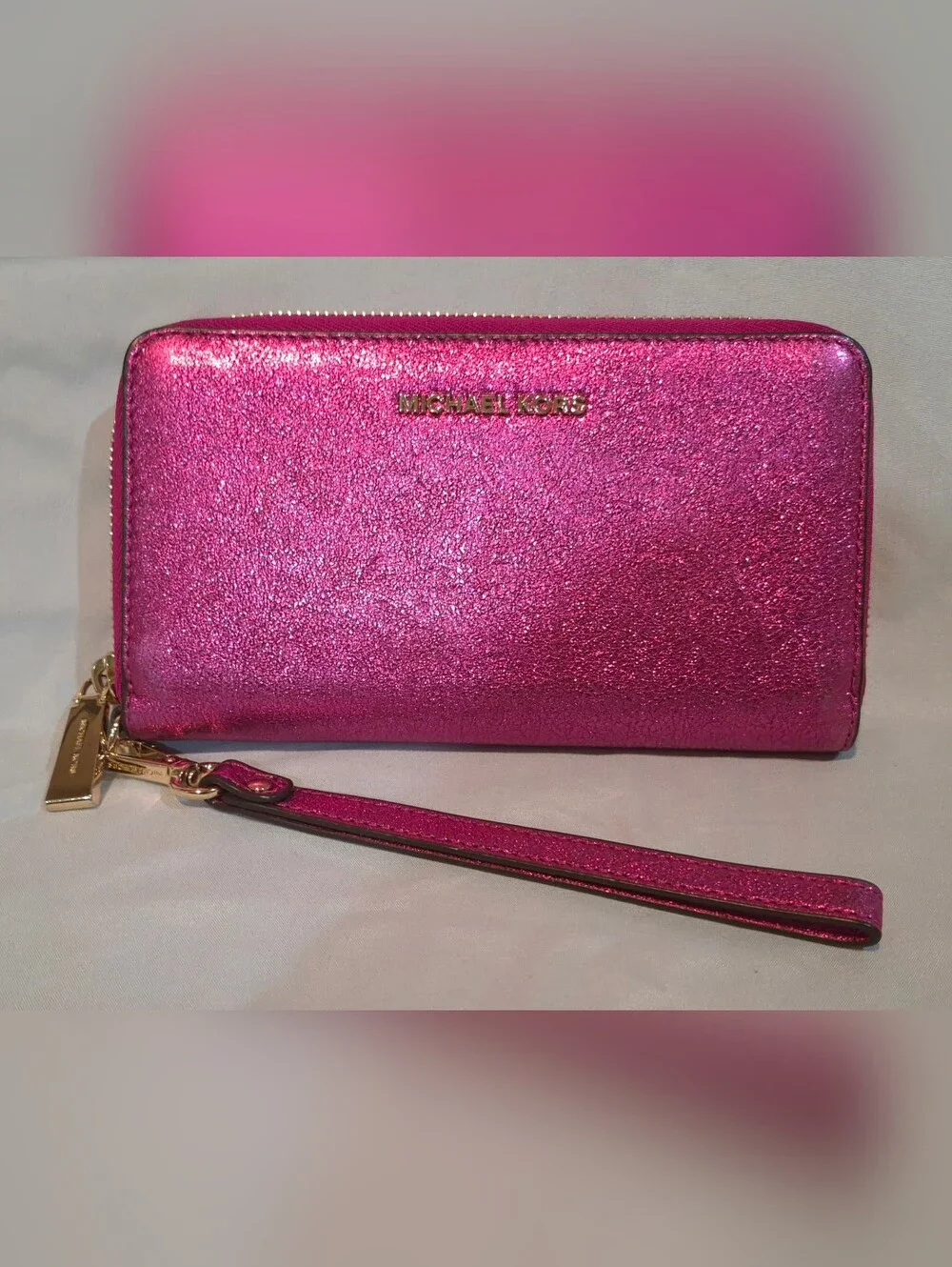 Michael Kors Hot Pink Metallic Jet Set Tote w/ Matching Accessories
